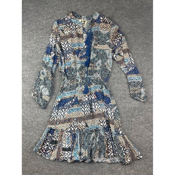 Jaase Long Sleeve Dress Women's XS Blue Multi Print Button Up Elastic Tassel - Picture 1 of 8